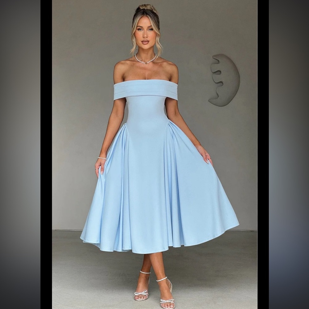 Off-Shoulder Light Blue Midi Dress - Elegant Strapless Women's Dress